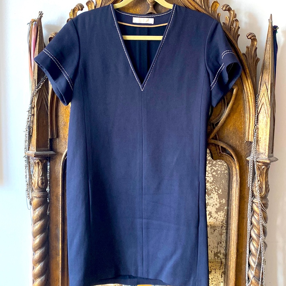 Chloe Navy Short Sleeve V-Neck Mini Dress with Contrast Stitching